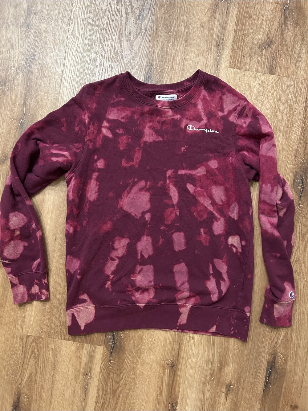 Champion Burgundy and Bleach-Effect Crewneck Sweatshirt